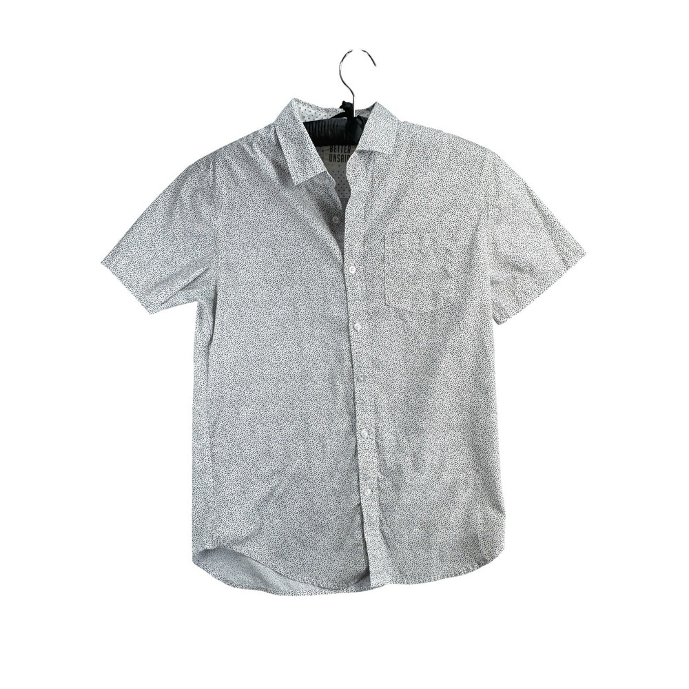 Better Unsaid Mens Medium Button Front Shirt White Blue Micro Print Short Sleeve